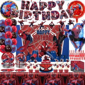 spider birthday decorations, spider party decorations include banner, balloons, tablecloth, paper tableware, hanging swirl, backdrop, spider birthday party