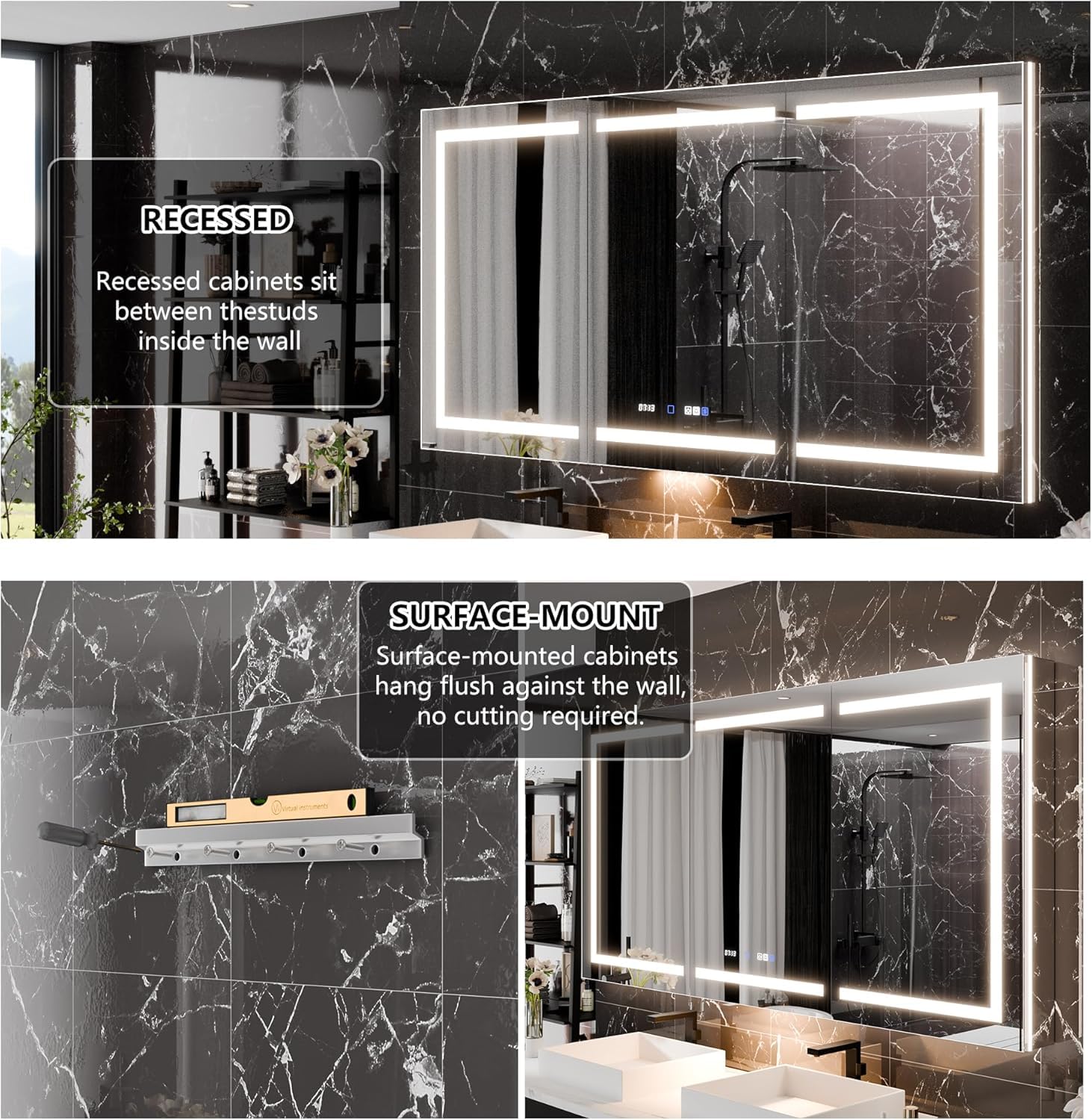 WELERONY Smart Lighted Medicine Cabinet with Mirror, 72" x 36" LED Medicine Cabinet Mirror for Bathroom with Built-in High-Power Outlet, Stepless Dimming & Anti-Fog, Wide Hinge