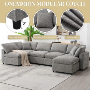 ONEMMLION 130" Modular Sectional Sofa Cloud Couches for Living Room, Convertible Oversized Sectional Sleeper Sofa Bed, Modern Deep Seat Comfy Fluffy Chenille 6 Seat U Shaped Couch with Ottoman, Grey