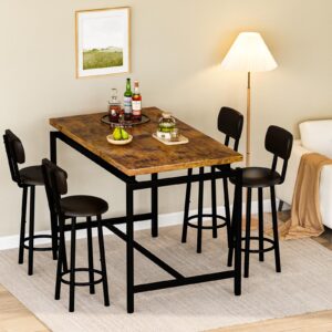 DKLGG Dining Table Set for 4 Modern Bar Table and Chairs Set, Modern Kitchen Table with 4 PU Upholstered Backrest Stool, Counter Height Table Set for Breakfast Nook & Small Space (Rustic Brown)