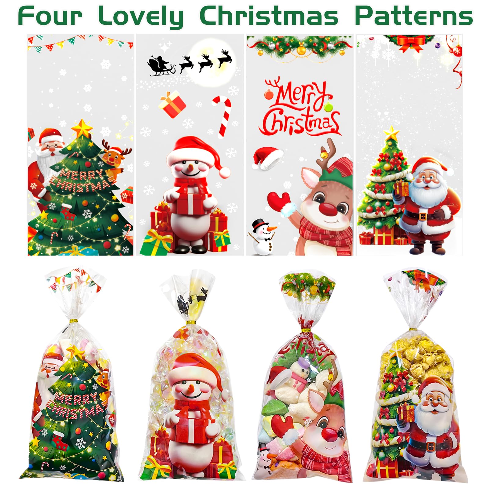 QOIUSO Christmas Treat Bags Cellophane Bags: 60 PCS Christmas Candy Bags with Ties for Goodie Snacks Gifts Wrapping, Clear Cellophane Xmas Gift Bags for Christmas Party Favor Supplies- 4 Style