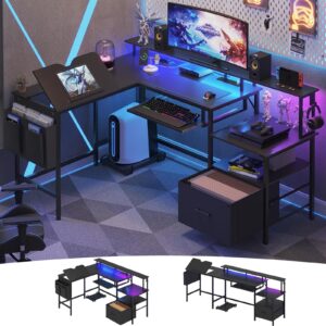 uposoja l shaped gaming desk with keyboard tray, adjustable drafting table, reversible home office desk with storage, power outlet led light file cabinet monitor stand printer space (black)