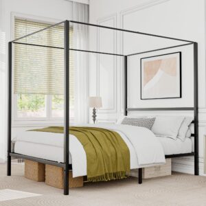 super deal metal canopy bed frame queen size four poster bedframe with built-in headboard 14 inch platform mattress foundation sturdy slatted structure no box spring needed easy assembly, black