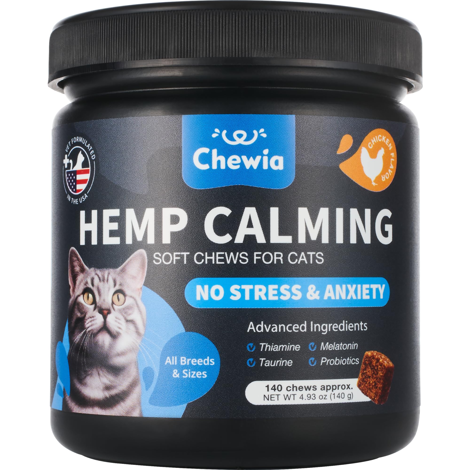 CHEWIA Cat Calming Treats - Hemp Calming Care for Cats - Cat Anxiety Relief - Storms, Travel, Grooming, Separation