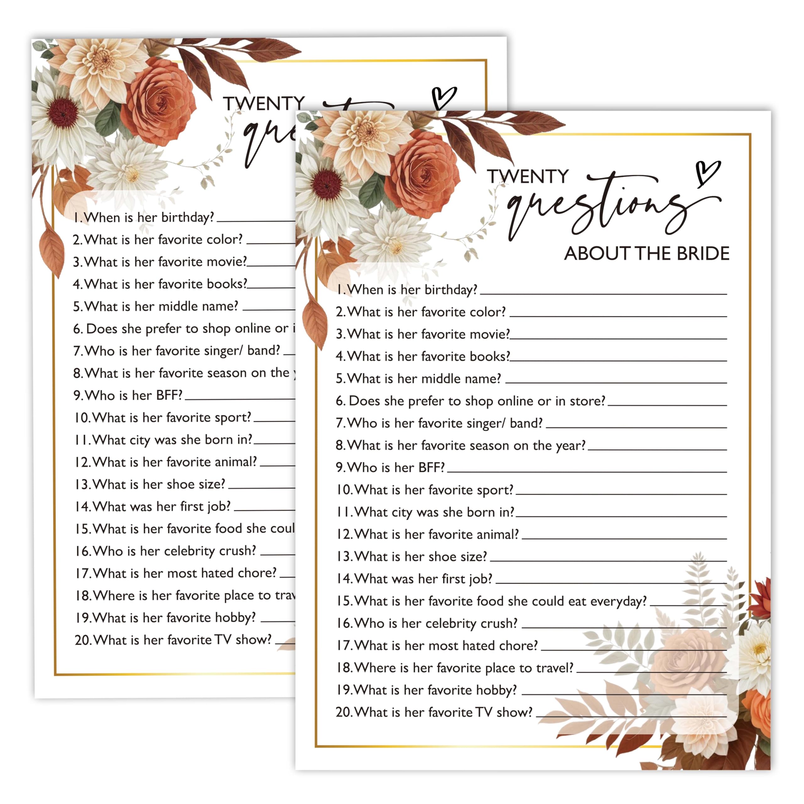 Boho Bridal Shower Game, Autumn Floral theme Wedding Shower Games Cards for 25 Guests, Engagement Party Decorations Favors, Bachelorette Party Fall Party Ideas and Activities -04