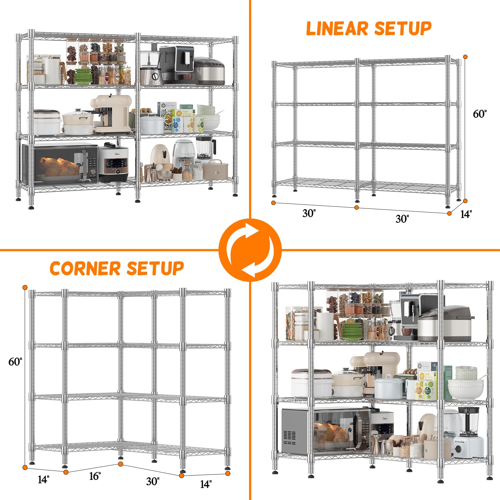 Homdox Heavy Duty Storage Shelves, 4 Tier Wire Shelving Unit, Adjustable Metal Shelves for Storage, Garage Rack Pantry Shelves Kitchen Shelving, 14"x60"x60", Silver Gray