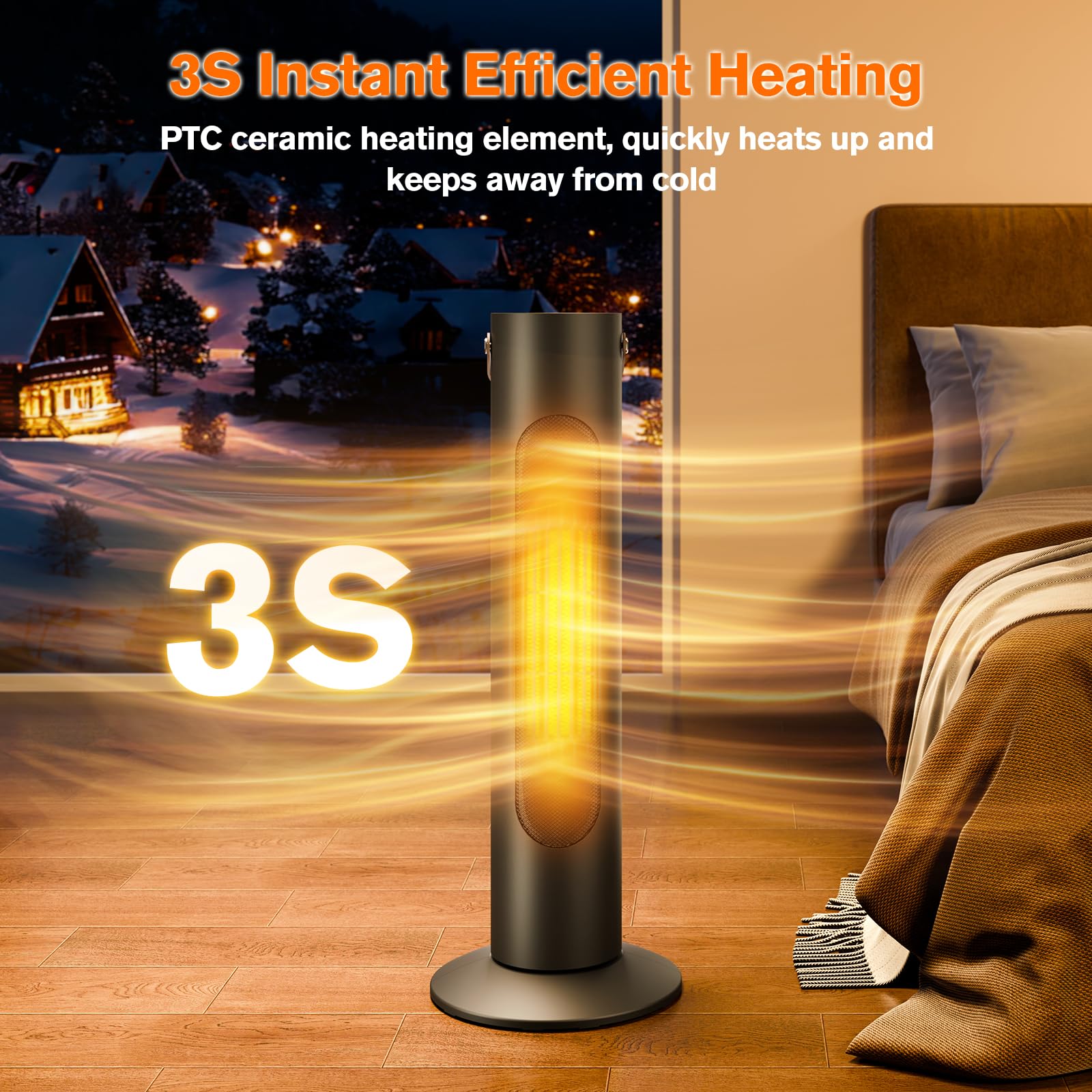 2-1 Electric Space Heaters For Indoor Use, 25" Tower Heater And Fan Combo, 70°Oscillating, 3S Instant Heating,1500W, 3 Heating & Fan Modes, Electric Portable Heater For BedroomOfficeHome, Dark Black