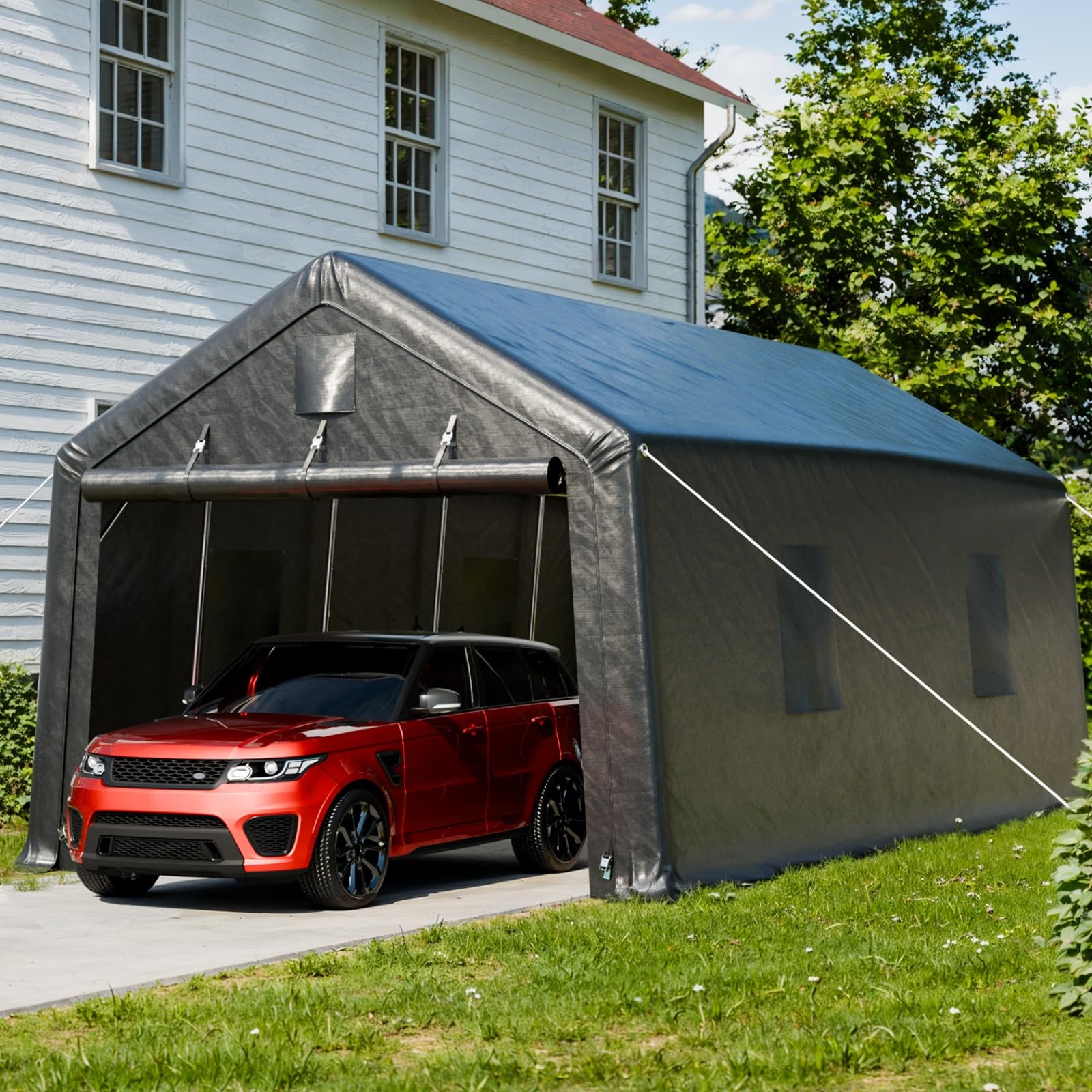 WELYAS 12×20 FT Heavy Duty Carport Shelter with Metal Frame, Round Style Roof Shed for Outdoor Storage, Outside Car Port, Shelter, Tent, Canopy for Truck Boat, RV, SUV (12×20 FT, Pointed Roof)