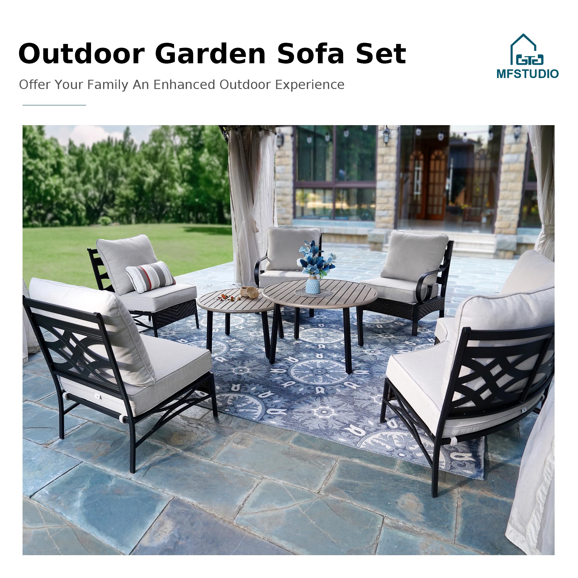 MFSTUDIO Patio Furniture Set, 10 Seats Half-Moon Curved Outdoor Sectional Sofa Conversation Set with 2 Wood-Like Round Table, Woven Rattan Patio Couch for Backyard, Garden, Deck