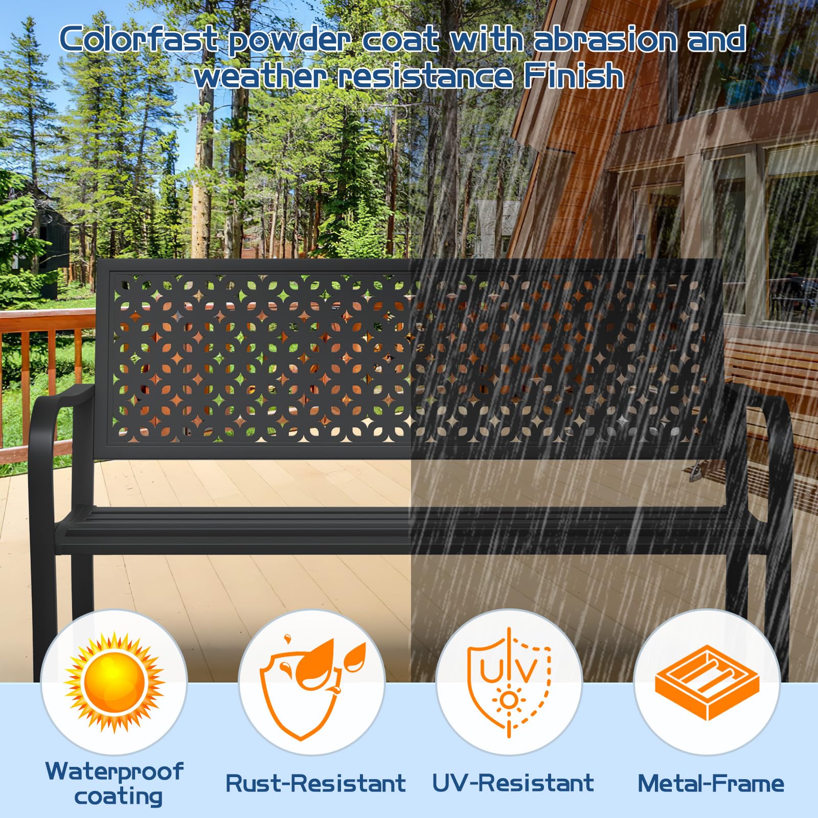 Maemttes 50 Inch Heavy-Duty Outdoor Bench, Metal Weatherproof Garden Bench with Decorative Backrest Anti-Rust Cast Iron Patio Bench for Park, Porch…