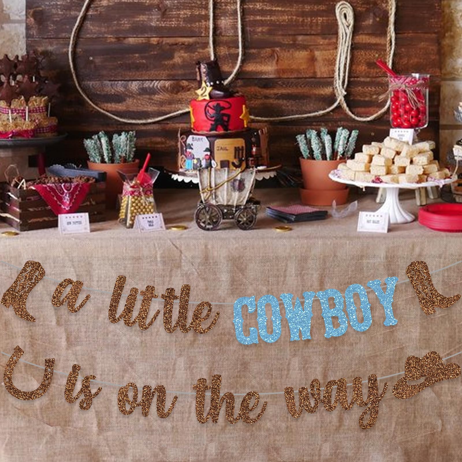 Cowboy Baby Shower Decoration A Little Cowboy Is On The Way Banner Western Boots Hats Backdrop Blue