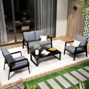 knocetx aluminum patio furniture set, 4 pieces modern patio conversation sets outdoor patio furniture set with 5.5 inch cushions for patio, balcony, backyard, poolside, deck,gray