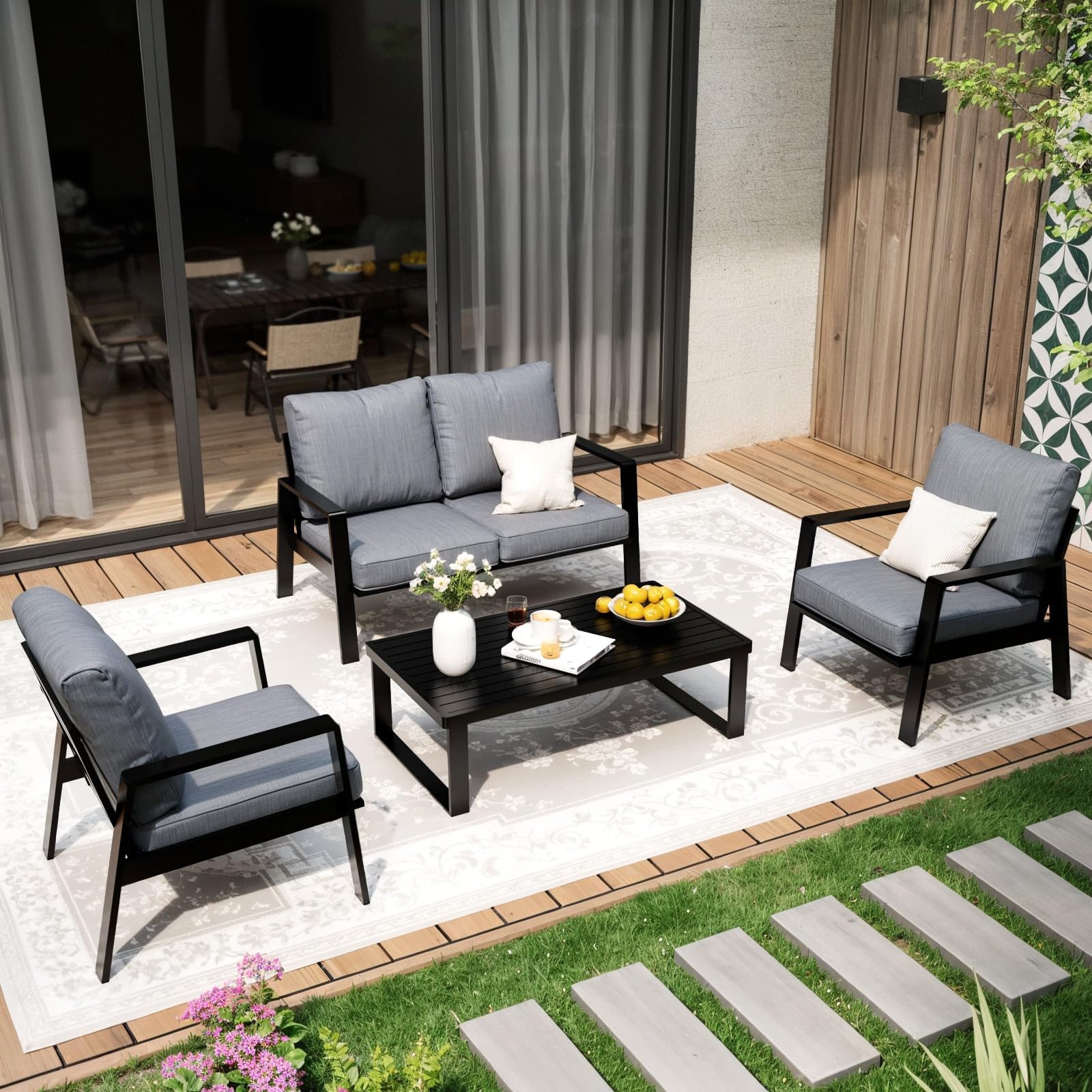 knocetx Aluminum Patio Furniture Set, 4 Pieces Modern Patio Conversation Sets Outdoor Patio Furniture Set with 5.5 Inch Cushions for Patio, Balcony, Backyard, Poolside, Deck,Gray