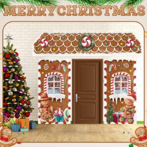 HunnmingRe 3 Pcs Christmas Gingerbread House Backdrop Gingerbread Door Covers Decorations Christmas Candy Door Banners for Xmas Holiday Party Photography Photo Background Decor