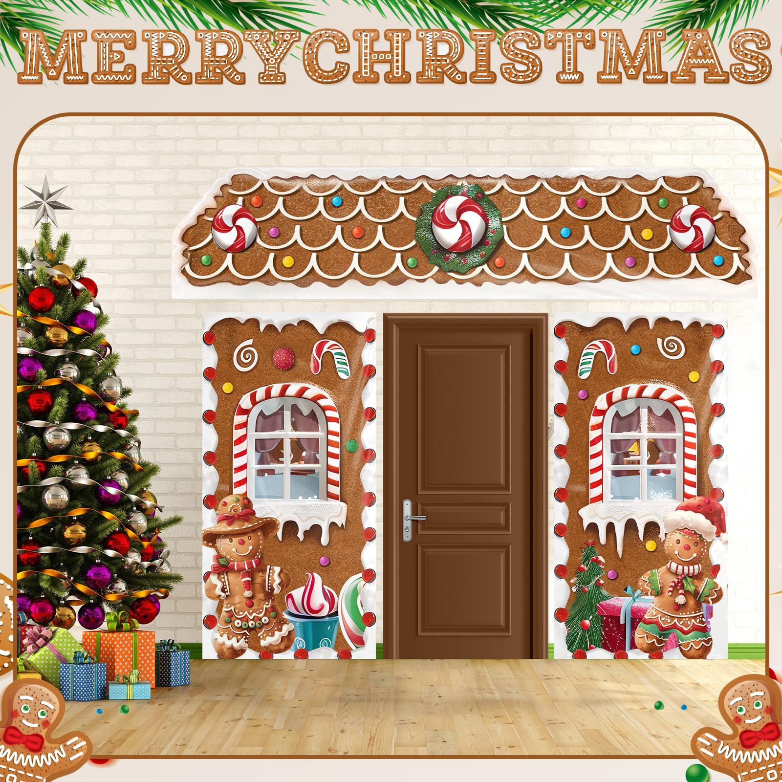 HunnmingRe 3 Pcs Christmas Gingerbread House Backdrop Gingerbread Door Covers Decorations Christmas Candy Door Banners for Xmas Holiday Party Photography Photo Background Decor