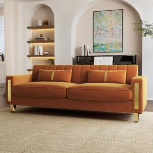 DOOSOODAA 2-Piece Loveseat Couch Set for Living Room, 86" Orange Velvet Sofa Couch with 4 Pillows & Gold Metal Legs, Modern Upholstered Sofa Set Love Seat Sectional Couches for Apartment Home Office