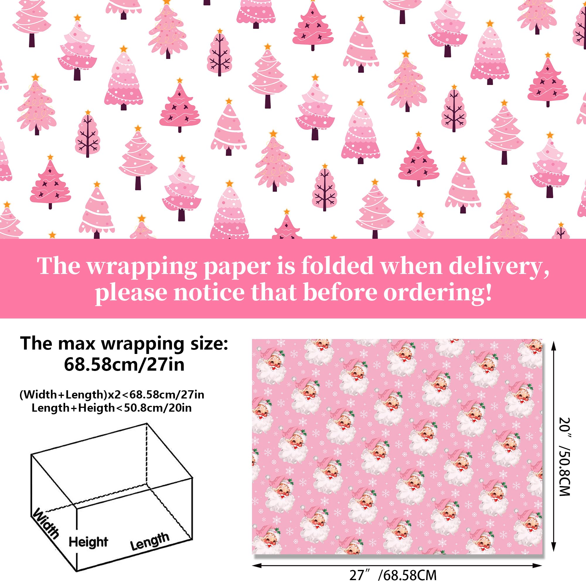 Pink Christmas Wrapping Paper Pink Santa Wrapping Paper 12 Sheets Pink Gift Wrapping Paper Christmas 20 x 26.8 Inch Pink Wrapping Paper Christmas Gift Wrap for Christmas DIY Gift Wrapping Paper