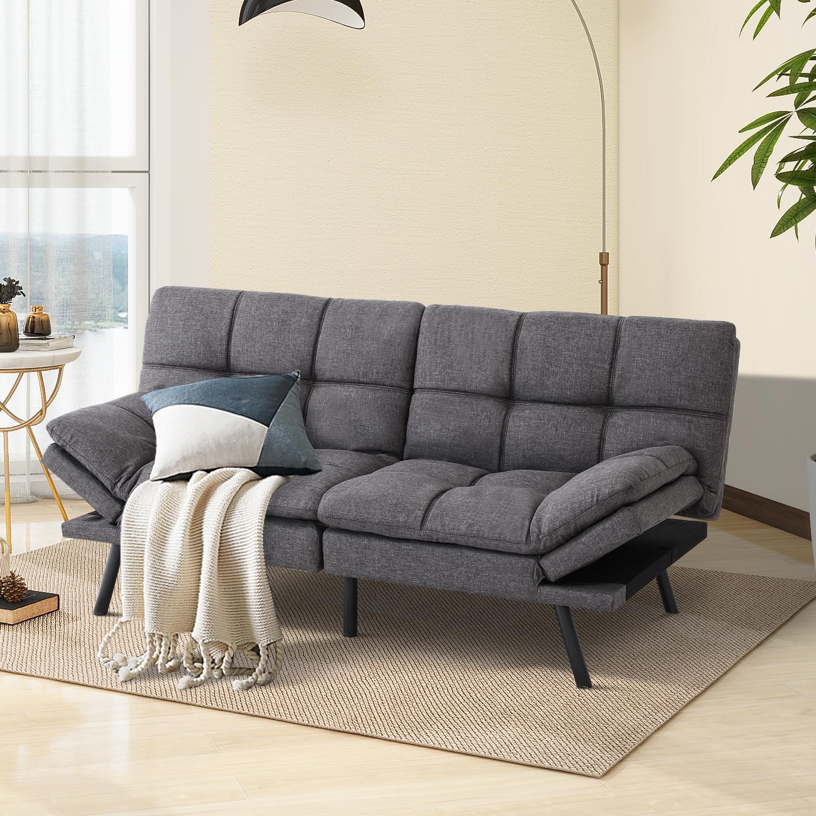 Futon Sofa Bed Couch ，Convertible Modern Sleeper Love Seat,Memory Foam Daybed for Living Room,Office,Apartment,Adjustable Backrests & Armrests,71" Sofabed,Dark Gray.