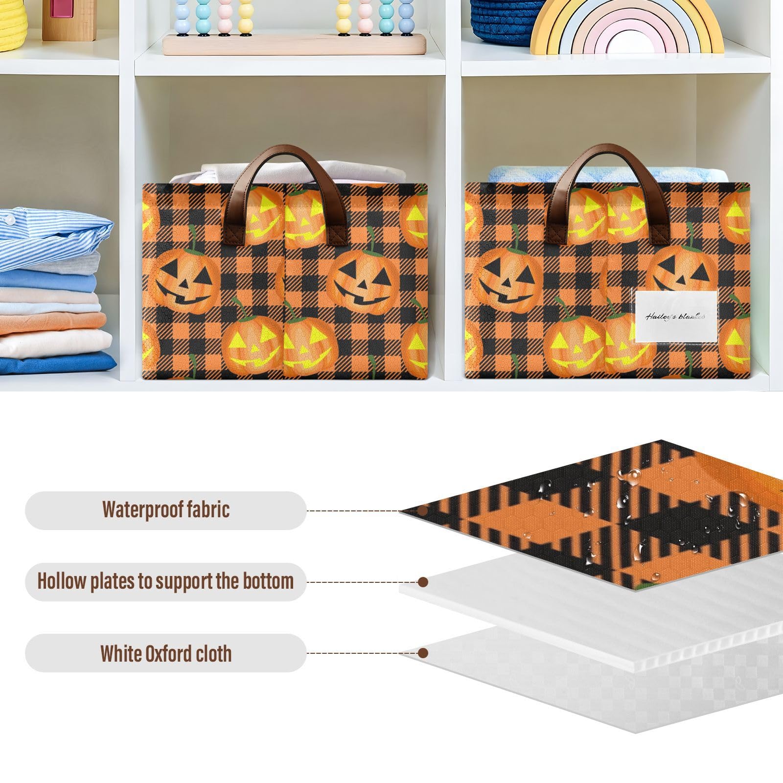 CaTaKu Halloween Plaid Pumpkin Storage Bins Storage Baskets for Shelves,Collapsible Fabric Baskets for Organizing Clothes Decorative Closet Bins with Labels,1Pack