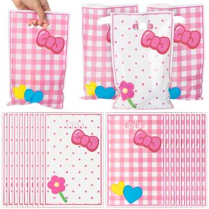 50pcs cute cartoon pink cat party favor bag candy treat bags print bow tie flower patterns with handles plastic snack gifts bags for boys girls kids birthday baby shower holiday party favor supplies