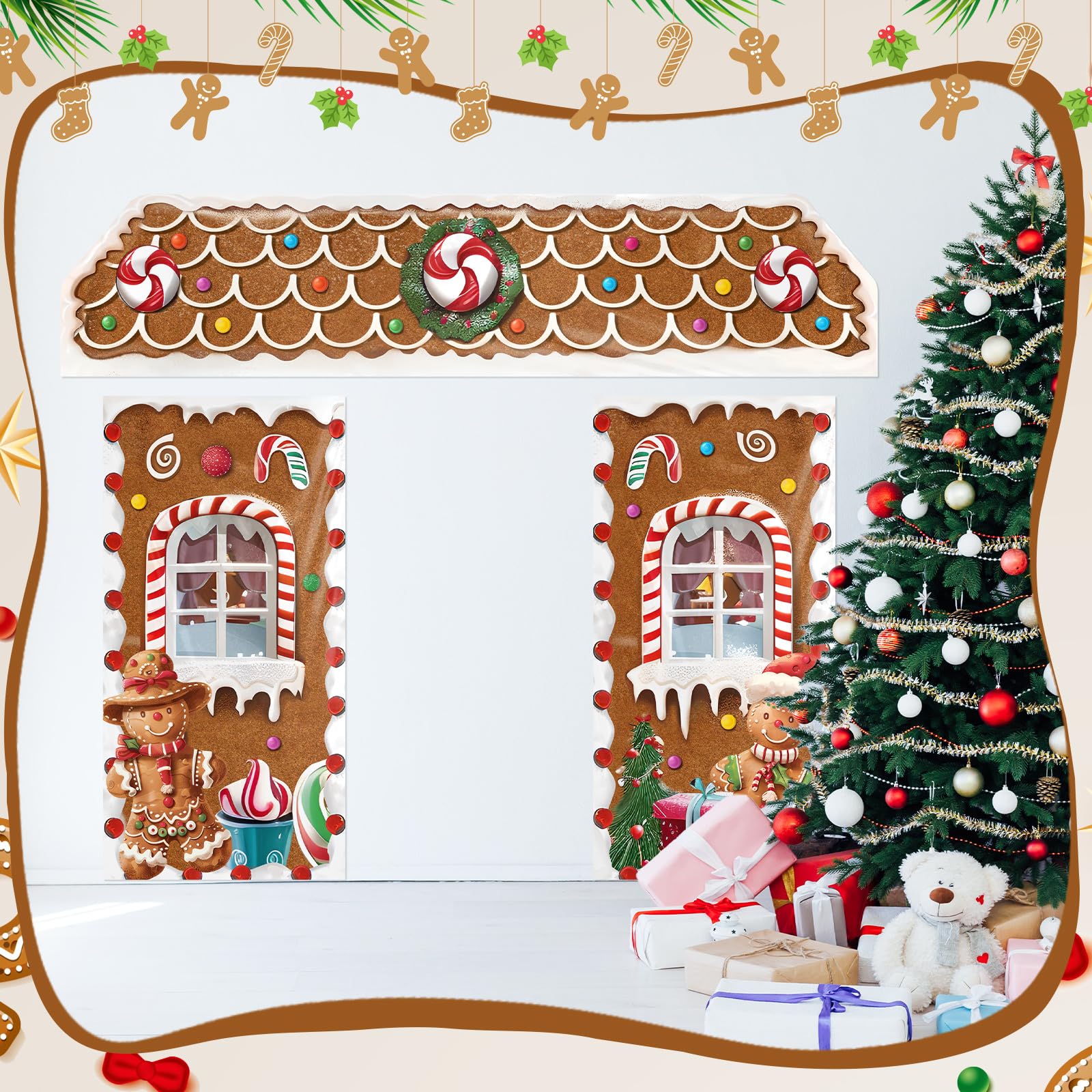 HunnmingRe 3 Pcs Christmas Gingerbread House Backdrop Gingerbread Door Covers Decorations Christmas Candy Door Banners for Xmas Holiday Party Photography Photo Background Decor