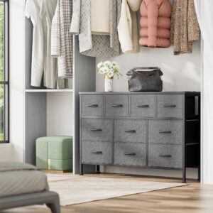 Lulive Grey Dresser for Bedroom 10 Drawer, Bedroom TV Stand with Power Outlet, Entertainment Center Chest of Drawers, Long Fabric Dresser for Living Room Save Space (Grey)