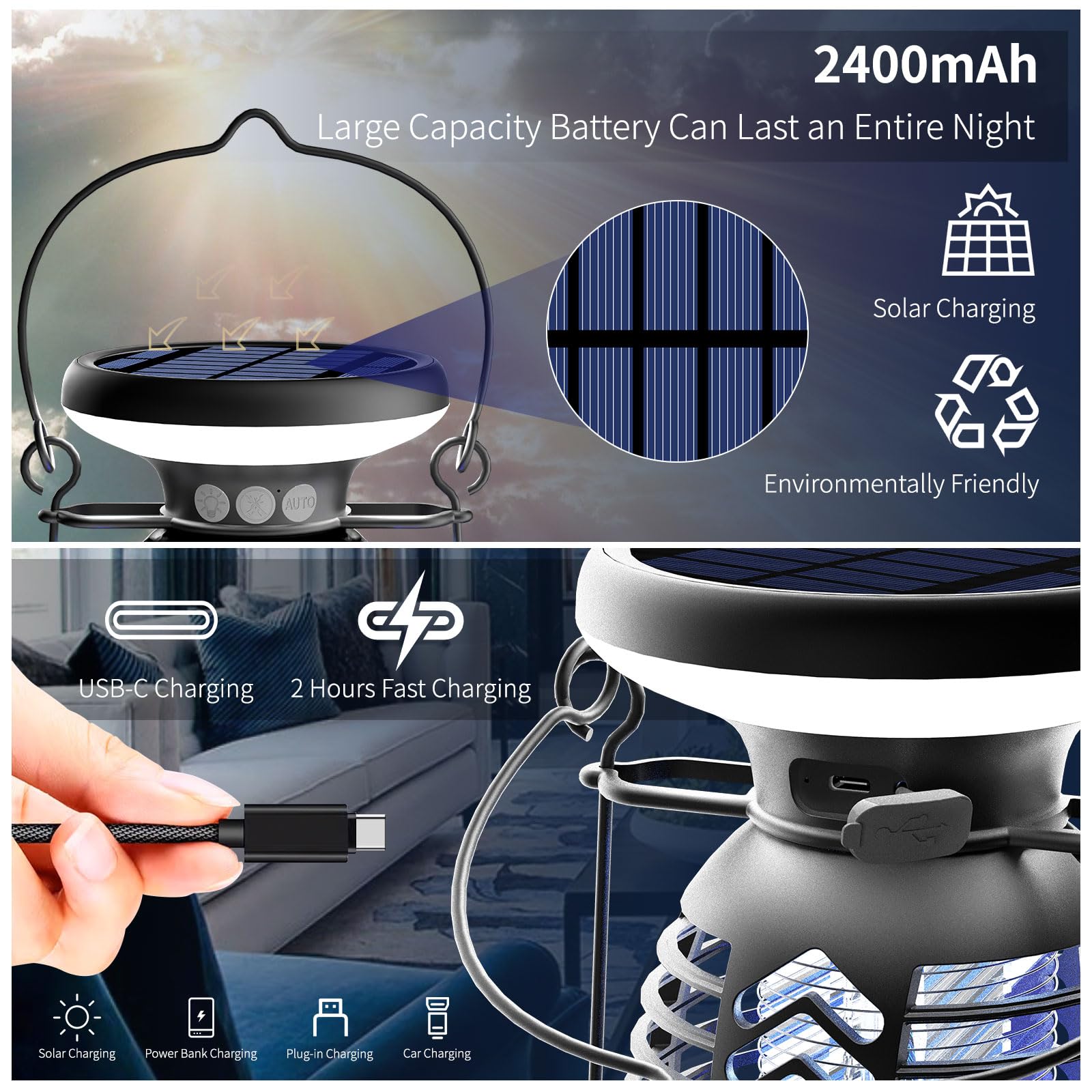 Outdoor Solar Bug Zapper,Mosquito Killer Bug Zapper with LED Light | 4000mAh | IP66 Waterproof | 2200V High Voltage Grid for Home, Patio, Lawn & Garden