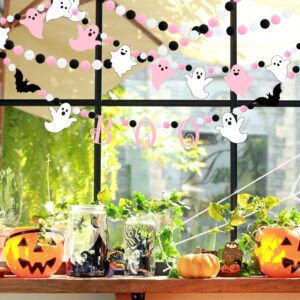 Doumeny 3pcs Halloween Boo Felt Garlands Bat Hanging Banner Ghost Theme Ball Garlands Halloween Black Pink White Pom Pom Banner Halloween Party Felt Banner for Halloween Party Fireplace Home Decor