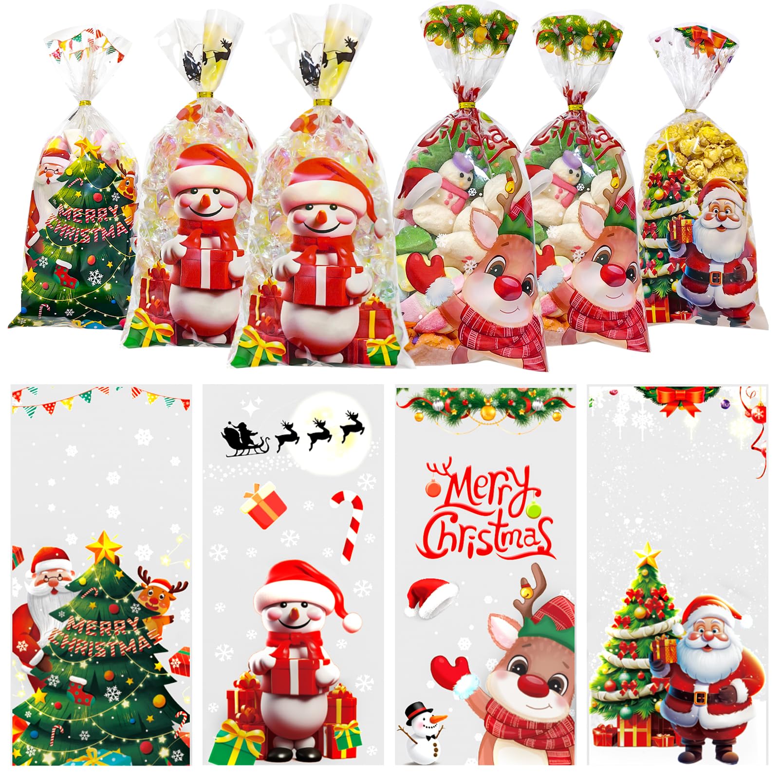 QOIUSO Christmas Treat Bags Cellophane Bags: 60 PCS Christmas Candy Bags with Ties for Goodie Snacks Gifts Wrapping, Clear Cellophane Xmas Gift Bags for Christmas Party Favor Supplies- 4 Style