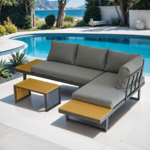 YOEEMZ Aluminum Patio Furniture Set, Outdoor Sectional L-Shaped Sofa or Daybed with Faux Wood Table, Modular Design, 4 Configurable Shapes, Grey