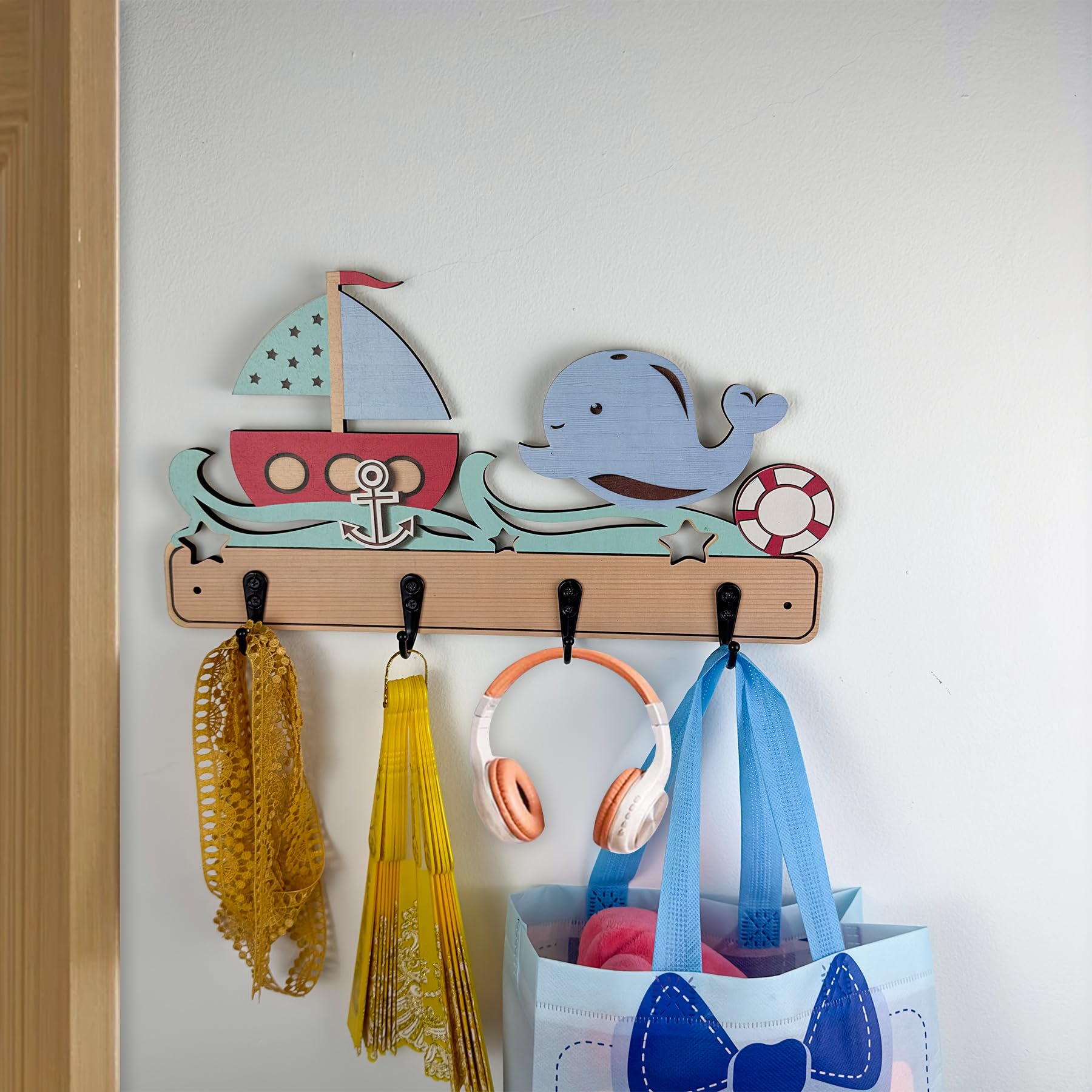 Midrean Cute Wooden Kids Nursery Coat Rack Colorful Wall Mount Hooks -13.7" Long for Children's Room Hanging Towels Hook