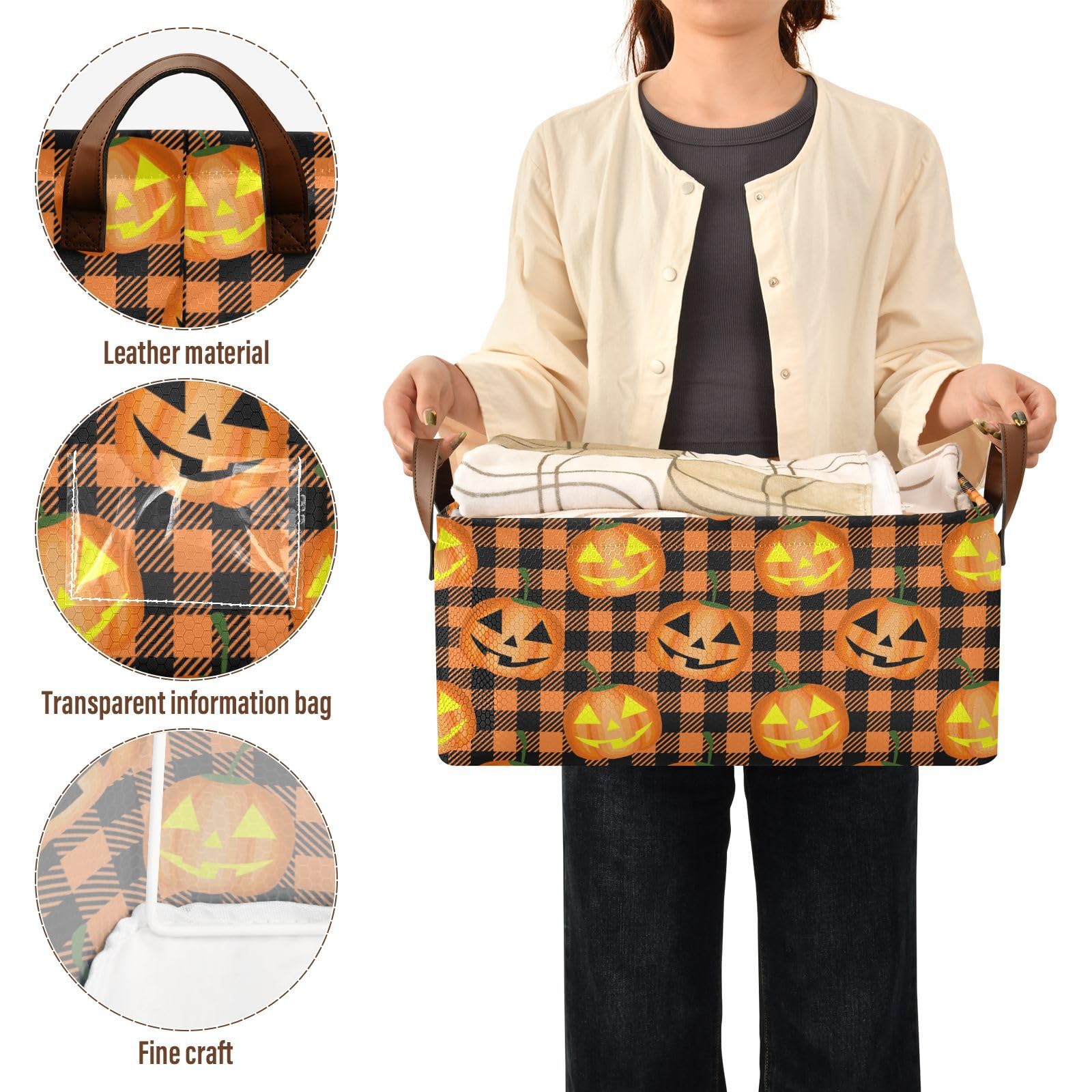 CaTaKu Halloween Plaid Pumpkin Storage Bins Storage Baskets for Shelves,Collapsible Fabric Baskets for Organizing Clothes Decorative Closet Bins with Labels,1Pack