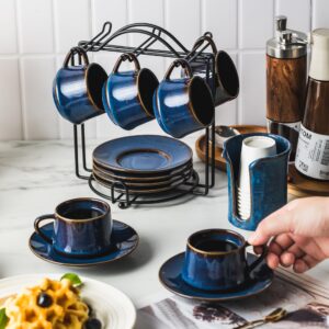 YHOSSEUN Espresso Cups Set of 6, 4 OZ Expresso Shots Cup Small Coffee Cup with Sacuers Metal Stand, Ceramic Espresso Cups for Cappuccino, Latte, Cafe Mocha and Tea, Blue