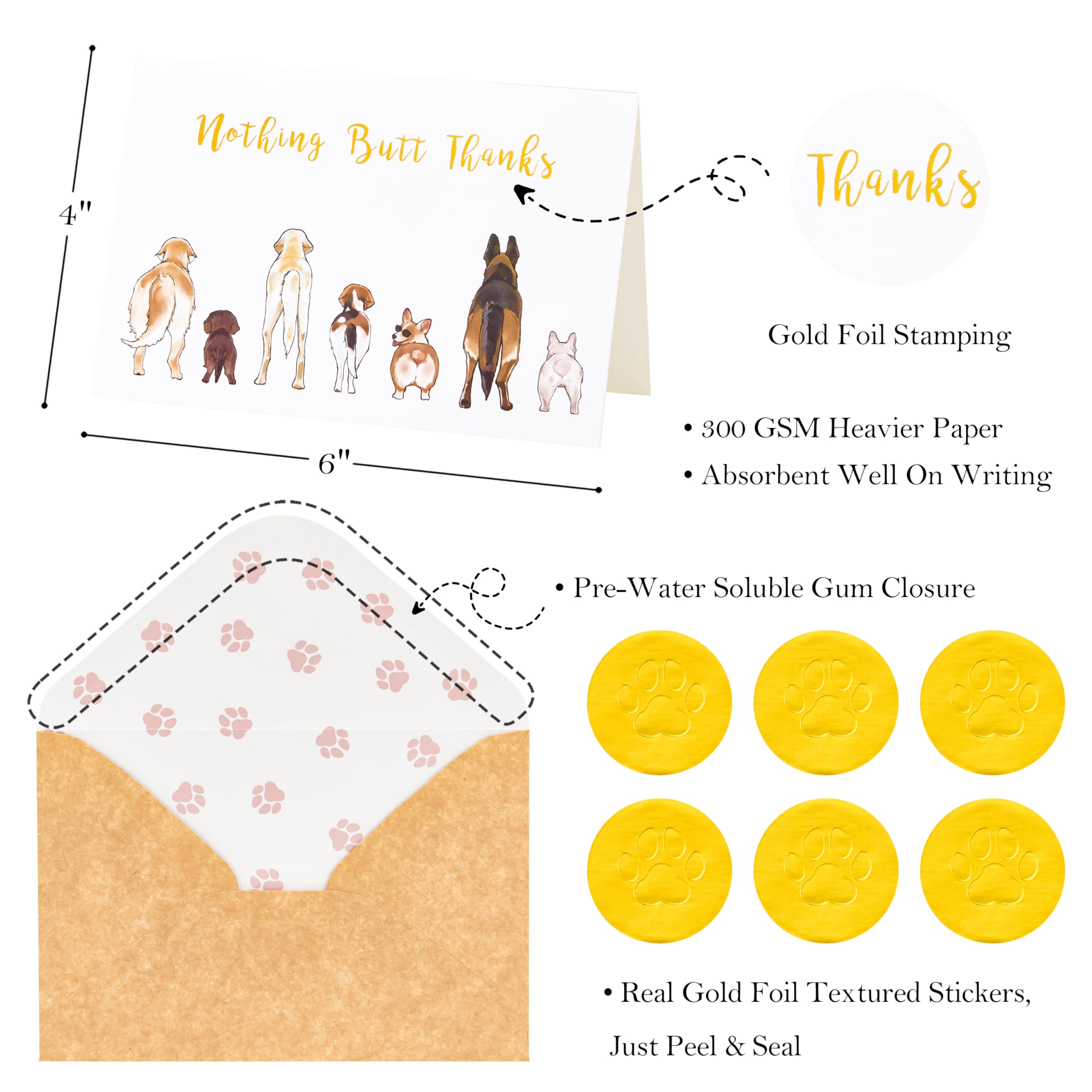 Crisky 50 Count Dog Thank You Cards Nothing Butt Thanks Gold Foil Funny Thank You Cards with Envelopes & Stickers For Friends, Women Men, Teachers, Colleagues, Dog Lovers