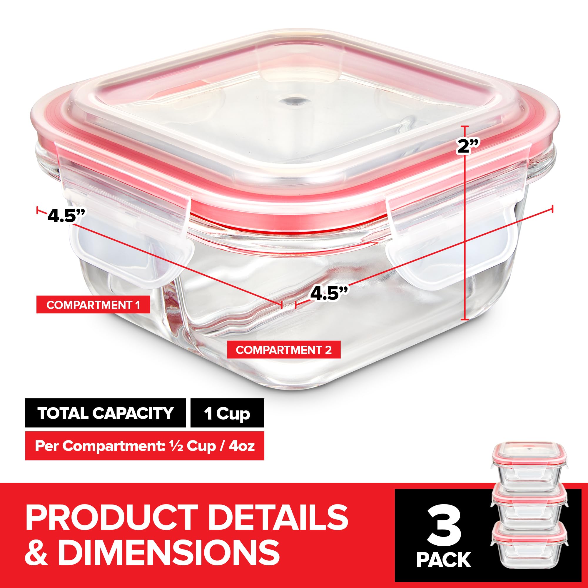 Glass Portion Control Bariatric Containers (3 Pack), 1 Cup Food Containers with Two 4 oz Compartments, 4oz Food Storage Containers for meal prep, Microwave Safe Glass Portion Containers with Lids