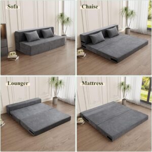 HOMFINE Folding Sofa Bed - Convertible Sleeper Chair with Pillow, Fold Out Couch, Foam Floor Mattress, Futon Couch, Lazy Sofa for Living Room/Dorm/Guest Room/Home Office, Queen, Grey