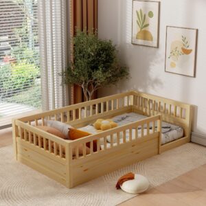 bocarali twin size montessori floor bed, wood floor bed with high fence, twin montessori bed frame for kids boys girls, natural, 78.5" l x 41.4" w x 19.6" h