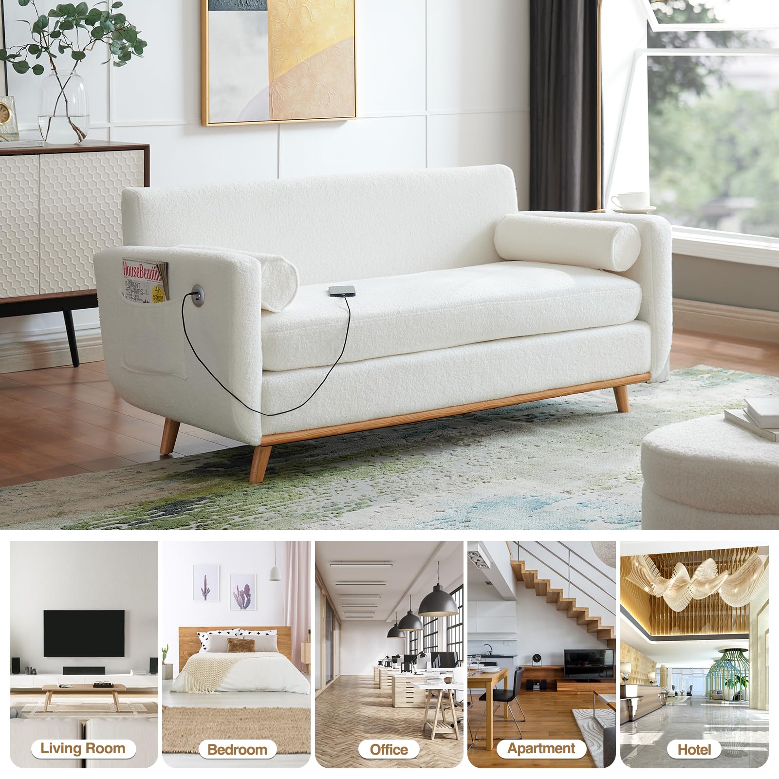 63" W Loveseat Sofa,White Boucle Couch with LED Lights and USB Ports Modern Fluffy Love Seat Couches 2 Seater Comfy All-Wood Washable Covers Sofa Furniture for Bedroom Living Room Small Space Office