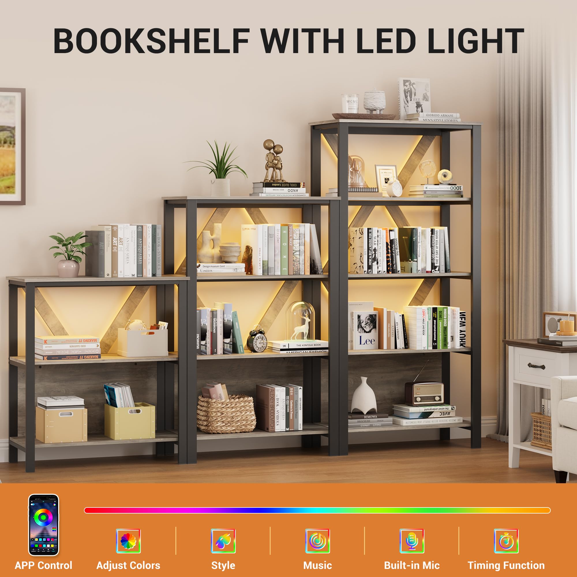 GarveeHome 3 Tier Bookshelf with LED Lights, Bookcase with Open Display Shelves, Wood and Metal Standing Bookshelf with Storage Rack for Living Room Bedroom Home Office, Grey