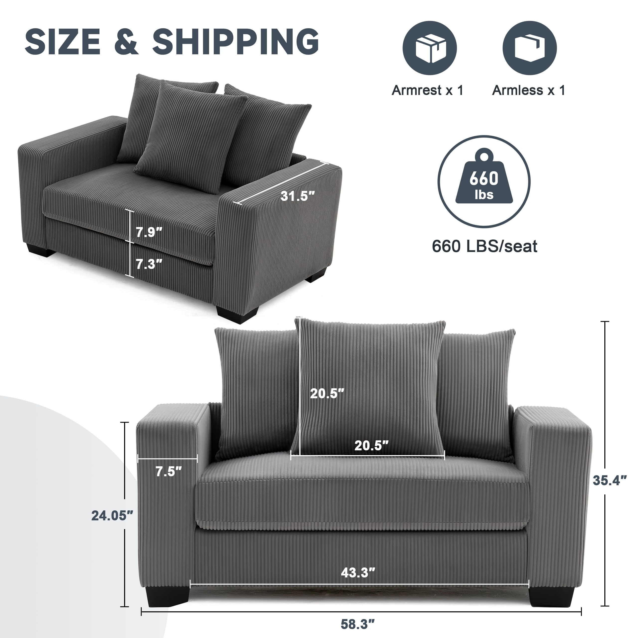 Mangodan 58.3" Oversized Sofa Chair for Living Room, Comfy Upholstered Accent Sofa Chair with Thickened Cushions Widened Armrests for Bedroom, Deep Seat Small Sofa Couch, Grey