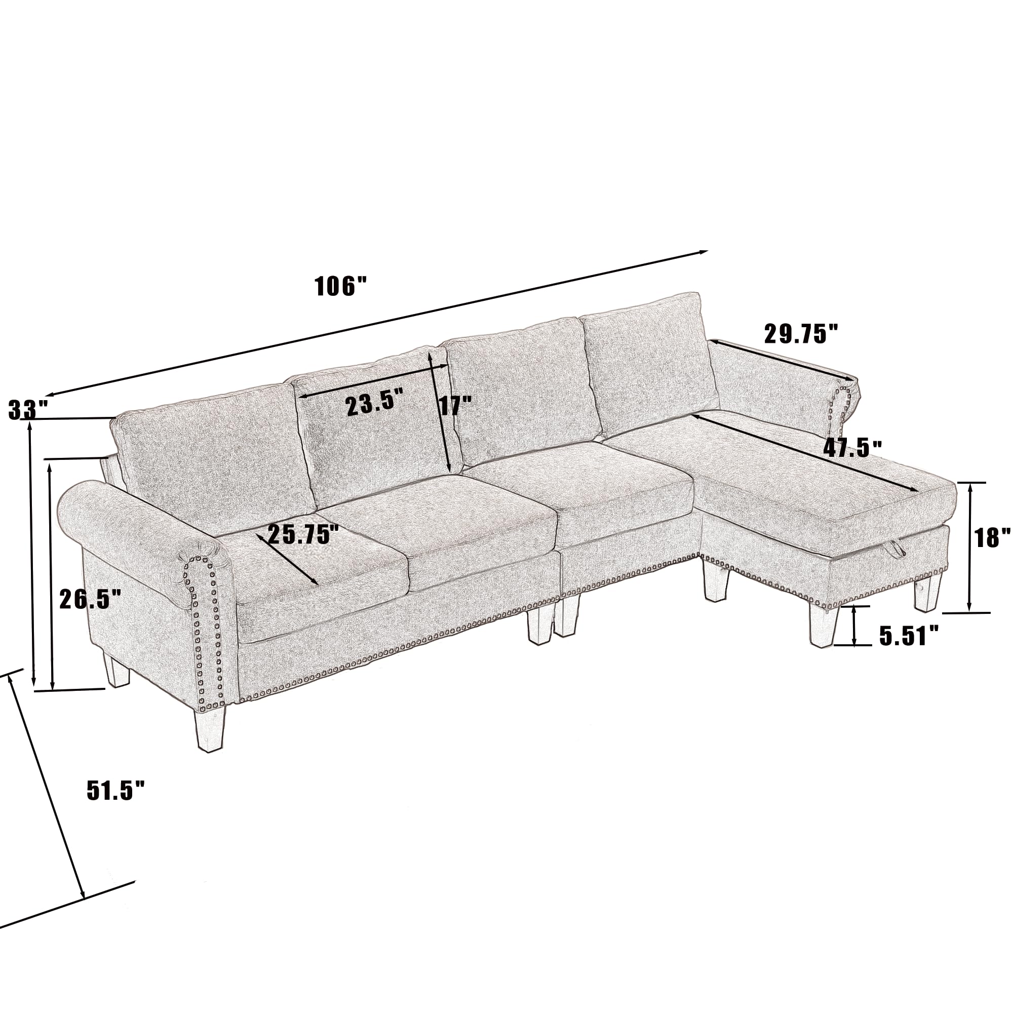 Ball & Cast 106" Convertible Sectional Sofa with Storage Chaise, Linen Upholstered 4 Seater Couch with Back Cushions and Removable Ottoman for Living Room, Apartment, Office,Beige