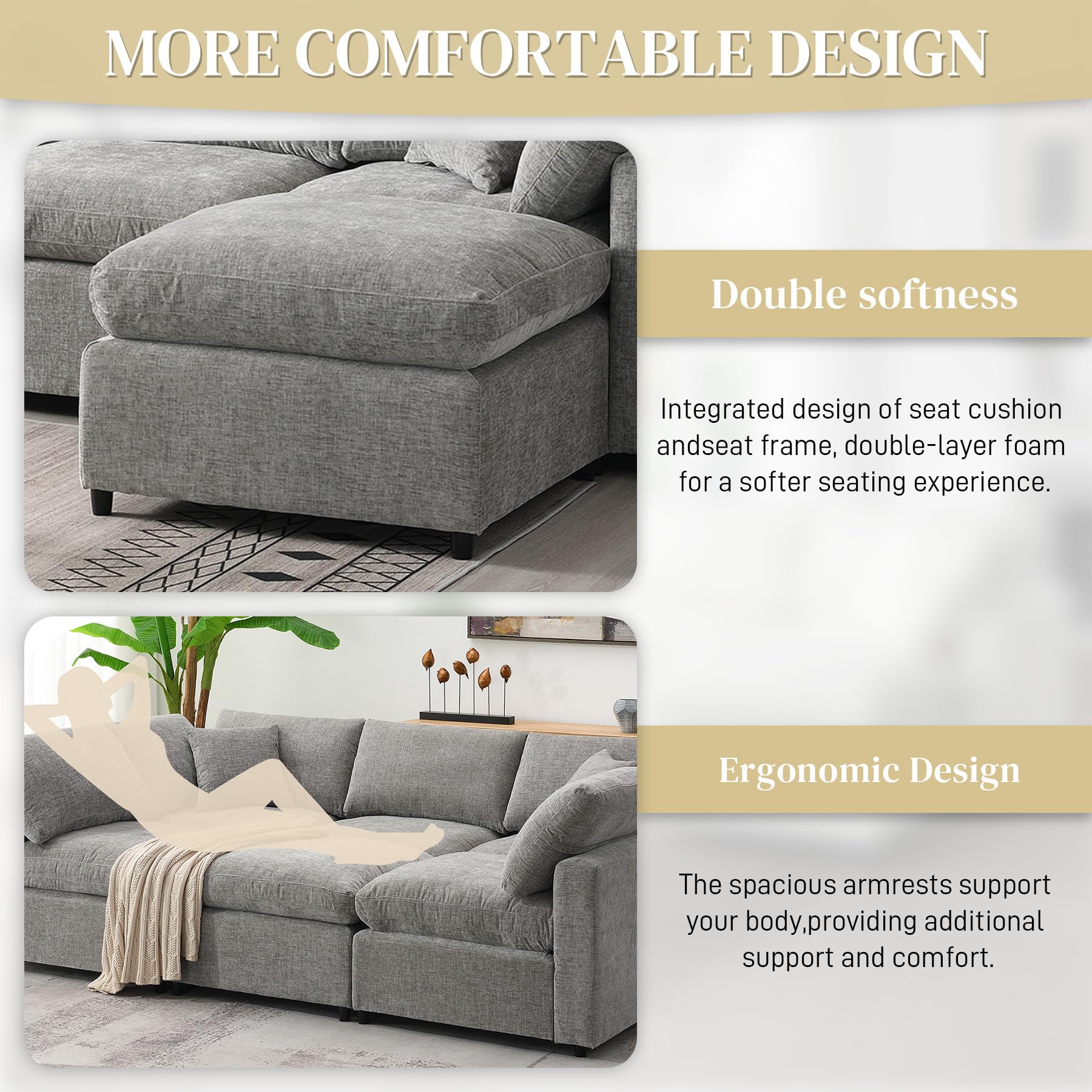 ONEMMLION 130" Modular Sectional Sofa Cloud Couches for Living Room, Convertible Oversized Sectional Sleeper Sofa Bed, Modern Deep Seat Comfy Fluffy Chenille 6 Seat U Shaped Couch with Ottoman, Grey