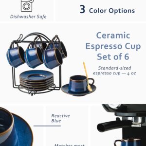 YHOSSEUN Espresso Cups Set of 6, 4 OZ Expresso Shots Cup Small Coffee Cup with Sacuers Metal Stand, Ceramic Espresso Cups for Cappuccino, Latte, Cafe Mocha and Tea, Blue