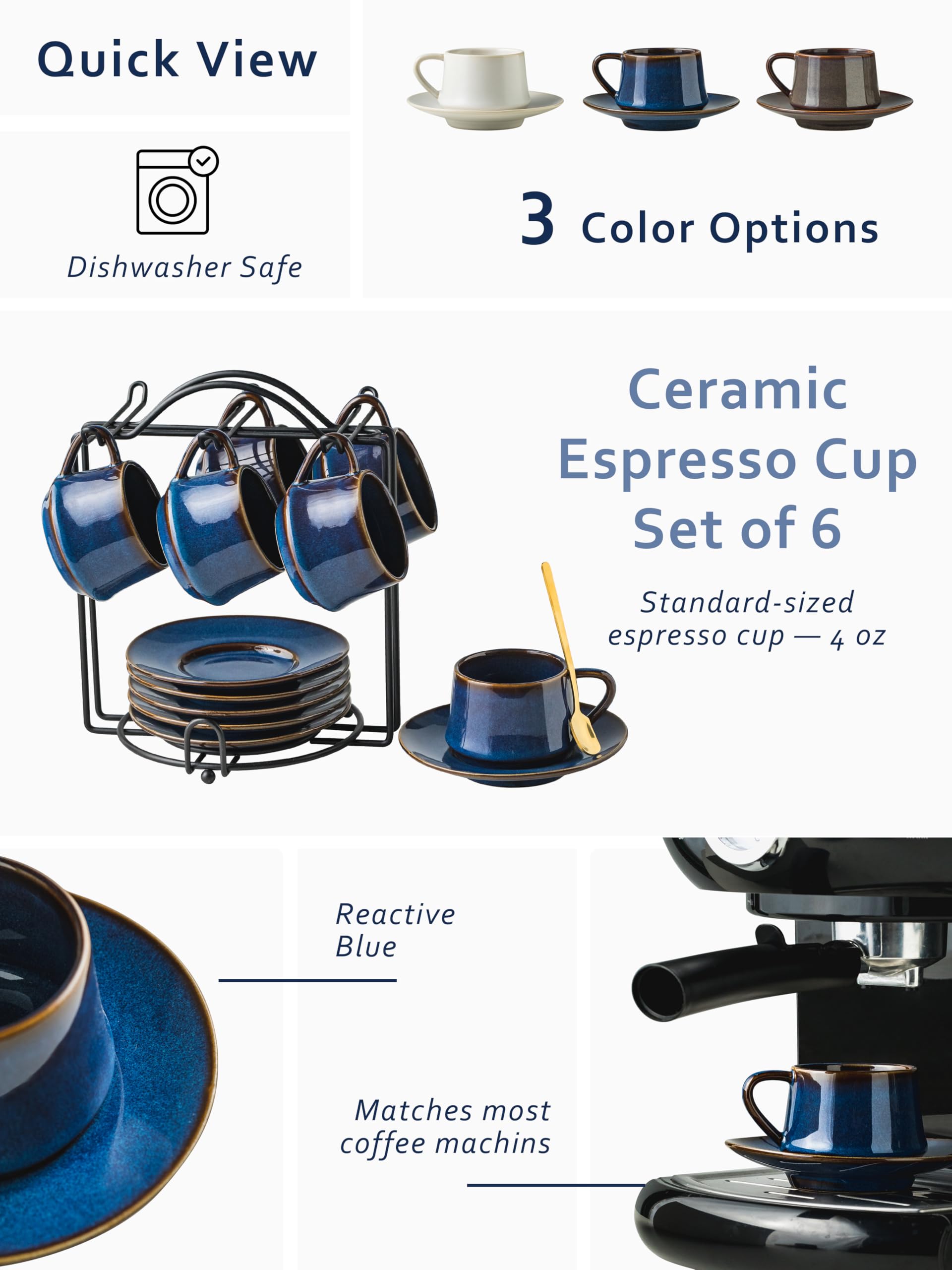 YHOSSEUN Espresso Cups Set of 6, 4 OZ Expresso Shots Cup Small Coffee Cup with Sacuers Metal Stand, Ceramic Espresso Cups for Cappuccino, Latte, Cafe Mocha and Tea, Blue