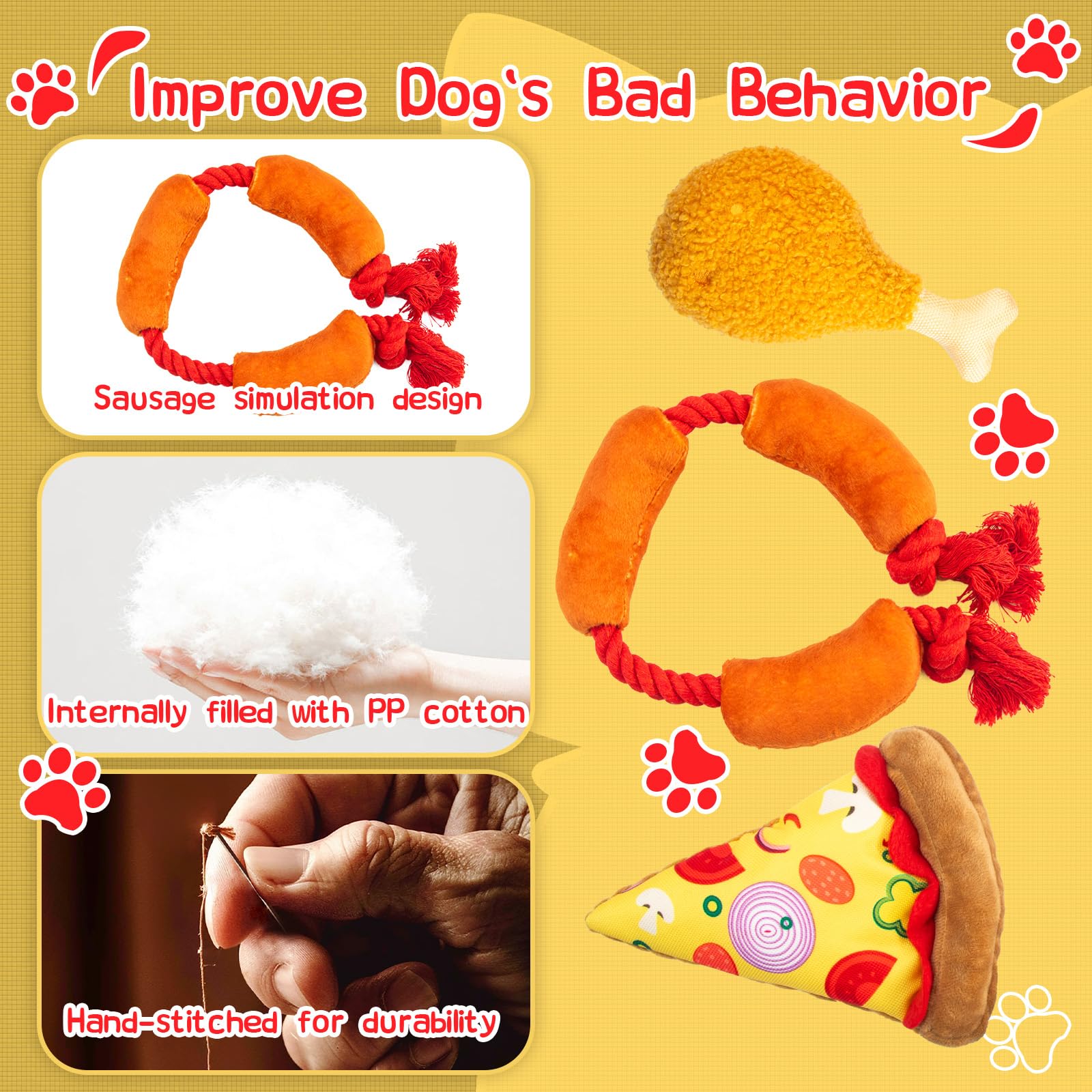 Squeaky Toys for Dogs – Fun Interactive Food-Themed Set，Pizza，Drumstick，and Sausage Rope，Durable Tug Toy and Chew Toy，Ideal for Small & Medium Dogs and Strong Chewer，Safer Non-Toxic Materials