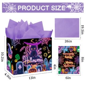 duludulu Purple 13" Large Halloween Bags Cat Pumpkins Halloween Bag with Card and Purple Tissue Paper for Kids Adults Halloween Party Birthday Bag Supplies