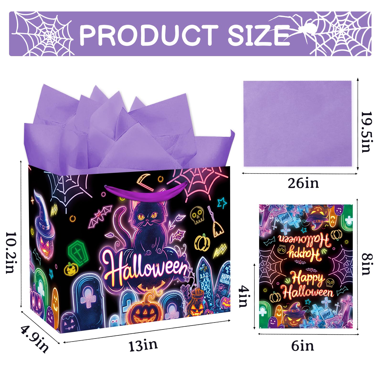 duludulu Purple 13" Large Halloween Bags Cat Pumpkins Halloween Bag with Card and Purple Tissue Paper for Kids Adults Halloween Party Birthday Bag Supplies