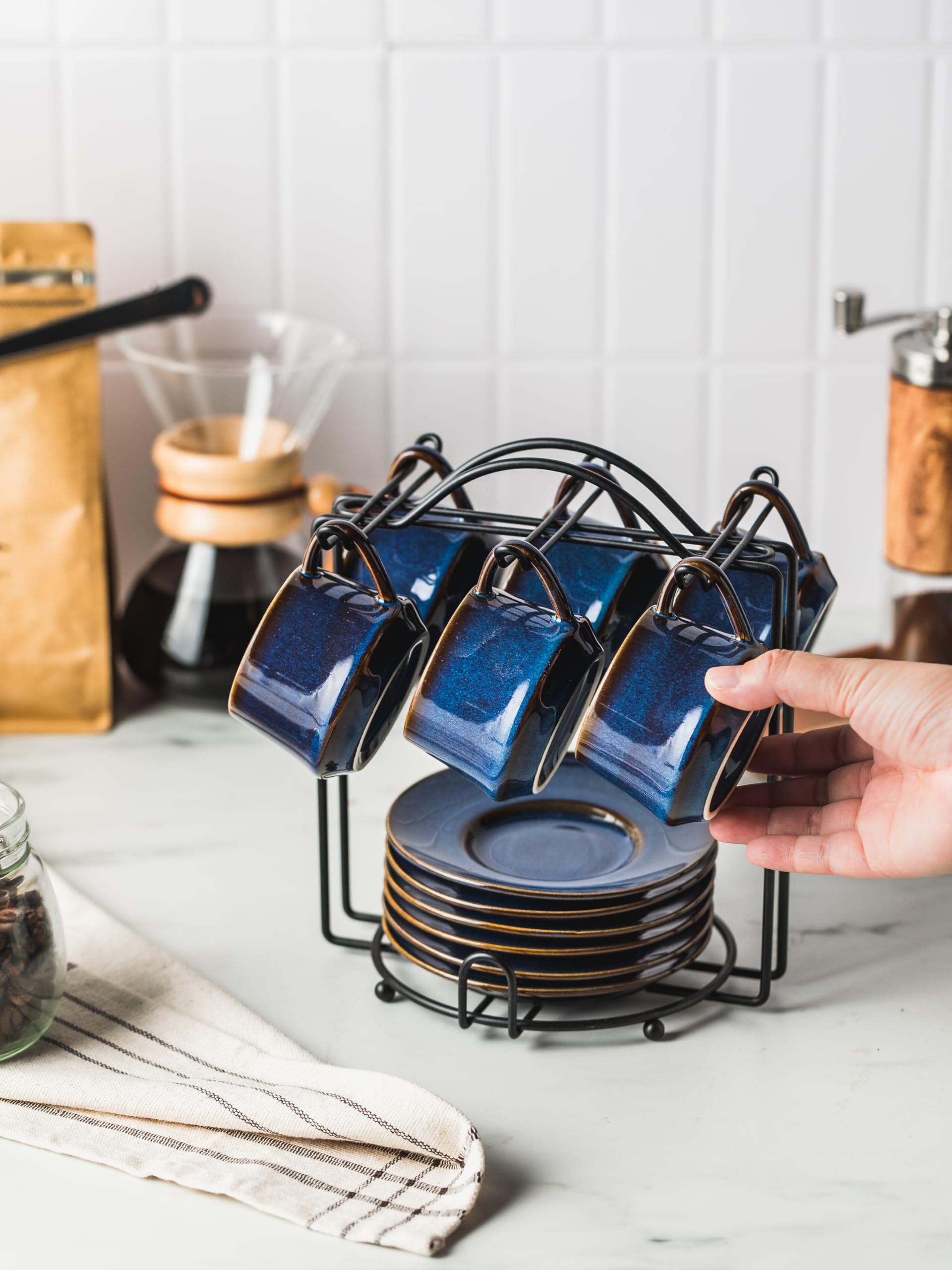 YHOSSEUN Espresso Cups Set of 6, 4 OZ Expresso Shots Cup Small Coffee Cup with Sacuers Metal Stand, Ceramic Espresso Cups for Cappuccino, Latte, Cafe Mocha and Tea, Blue