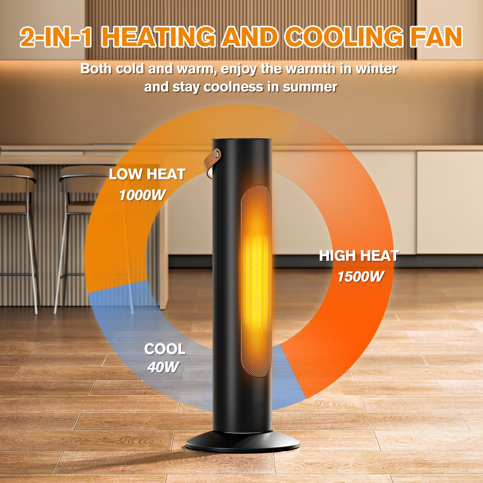 2-1 Electric Space Heaters For Indoor Use, 25" Tower Heater And Fan Combo, 70°Oscillating, 3S Instant Heating,1500W, 3 Heating & Fan Modes, Electric Portable Heater For BedroomOfficeHome, Dark Black