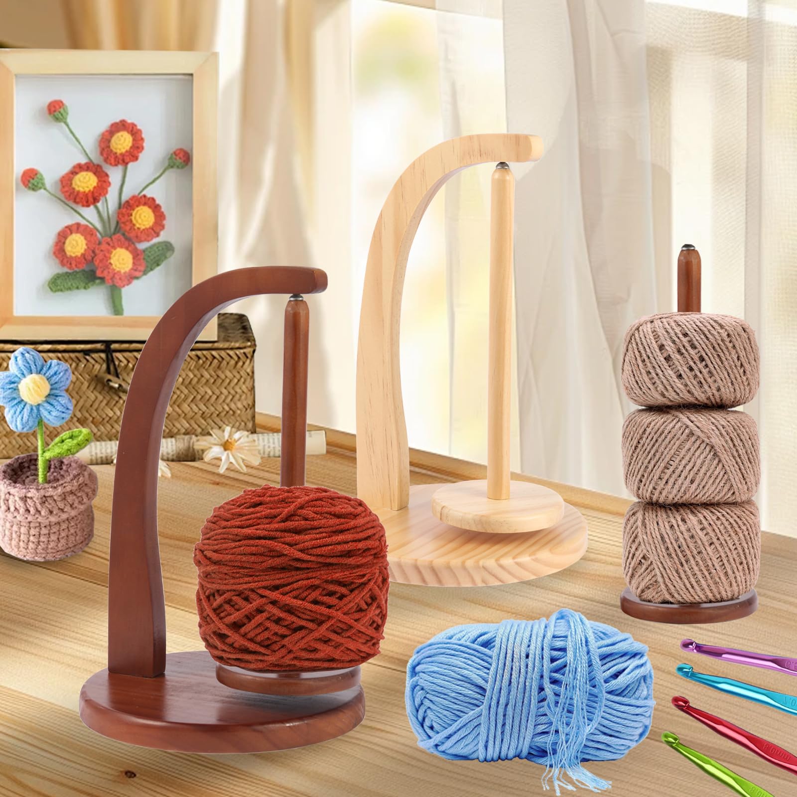 Yarn Holder for Crocheting, Wooden Yarn Ball Holder, Yarn Spinner with Magnetic, Pendulum Yarn Dispenser, Crochet Gift for Knitting Lovers (Brown)